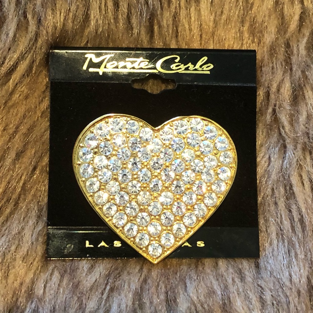 Vintage 90s Monte Carlo Hotel & Casino souvenir rhinestone heart brooch NWT